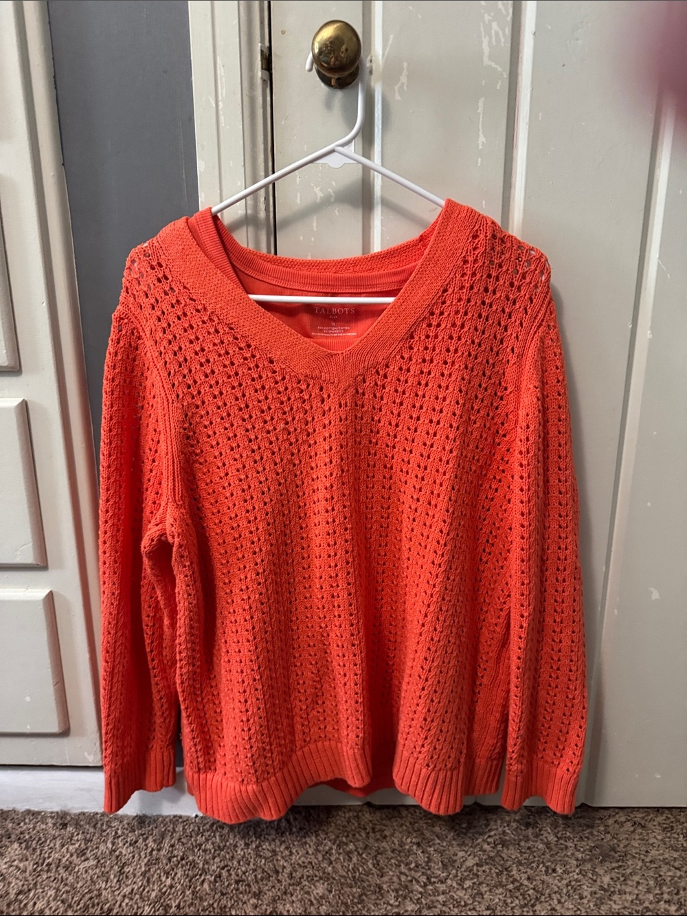 Talbots Bright Orange Open-Knit V-Neck Sweater with Matching Sleeveless Top.
